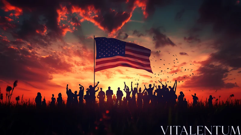 Silhouetted crowd stands beneath US flag at vivid sunset sky
