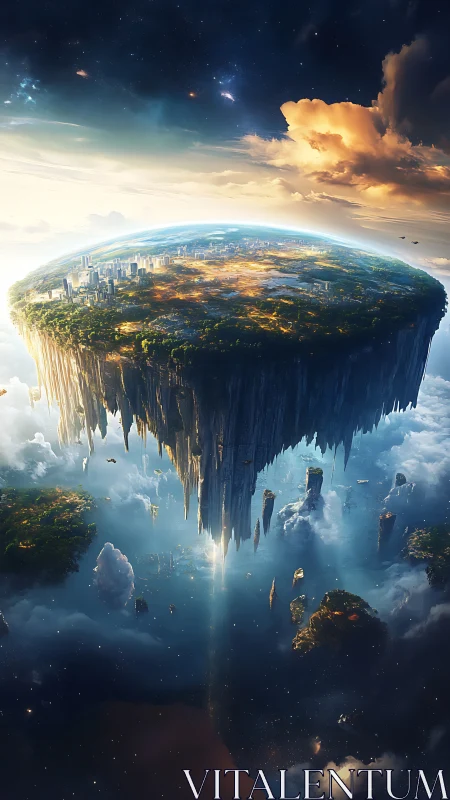 Floating circular city continent hovers above luminous clouds