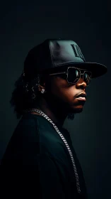 Cool urban portrait of confident man in cap and sunglasses.