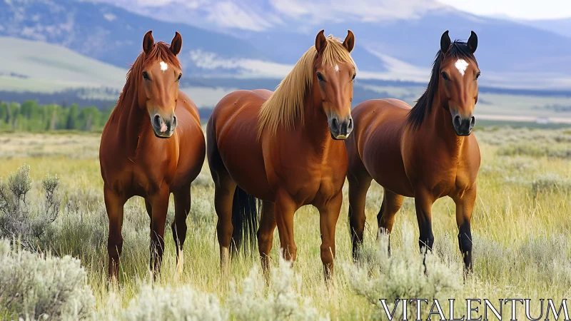 Three chestnut horses stand aligned in open grassland
