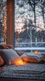 Soft winter window nook glows gently with candlelit warmth