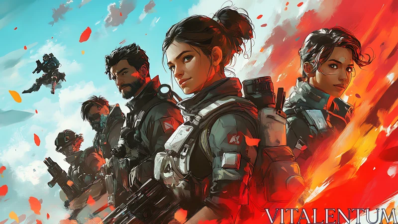 Squad of futuristic soldiers in blazing dynamic colors.