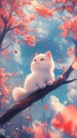 White Kitten Perched on Branch Amid Crimson Autumn Foliage and Sky