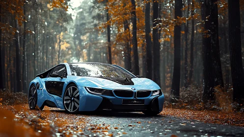 Electric blue sports car stands on wet forest road in autumn