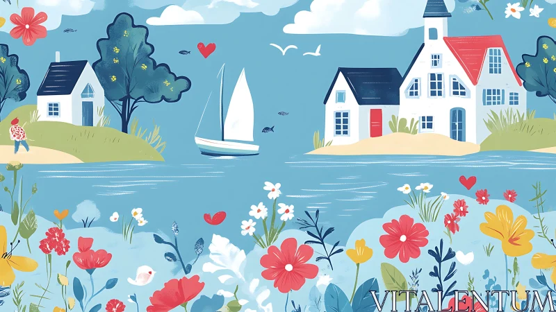 Gentle riverside cottages wrapped in bright wildflower joy.