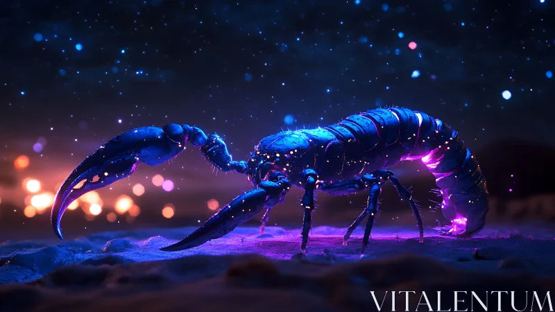 Bioluminescent scorpion under neon night sky on sand.