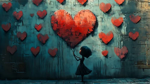 Girl Holding Red Heart Balloon Against Graffiti Wall.