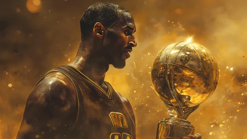 Golden-lit basketball champion gazes at gleaming trophy.