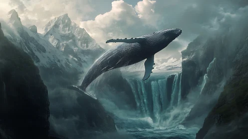 Surreal whale breaching above vast mountain waterfall.