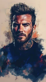 Tattooed man emerges from bold abstract color fields.