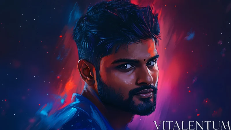 Digital male portrait with neon blue and red lighting backdrop.