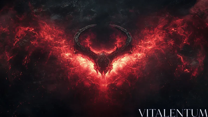 Horned demonic skull silhouette in red fiery nebula field.