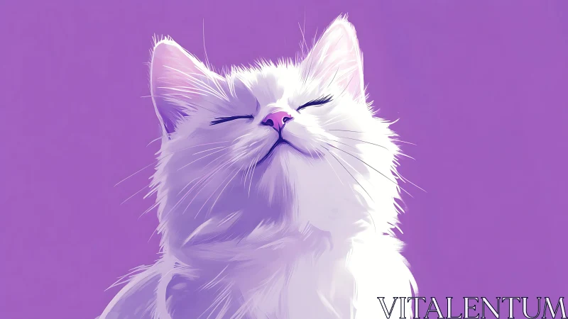 Serene Feline Portrait with Closed Eyes Against Vibrant Purple Background.