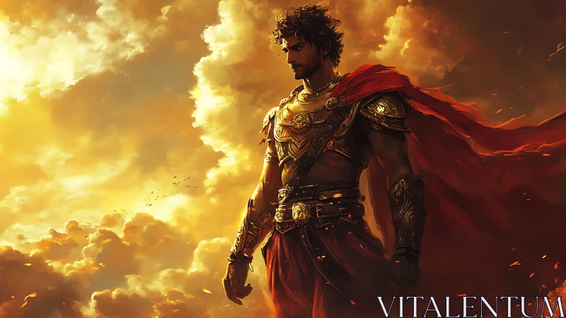 Solar-lit warrior in ornate bronze armor and windborne cloak.