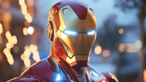 Photorealistic armored hero portrait with bokeh illumination.