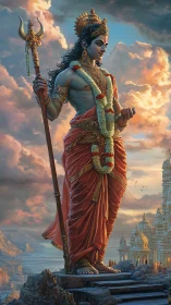 Digital depiction shows monumental deity figure above temples