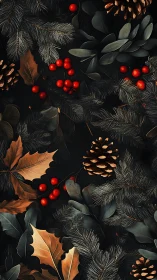 Festive pine foliage with berries on deep moody backdrop.