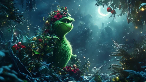 Digital painting of festive green creature in luminous forest.