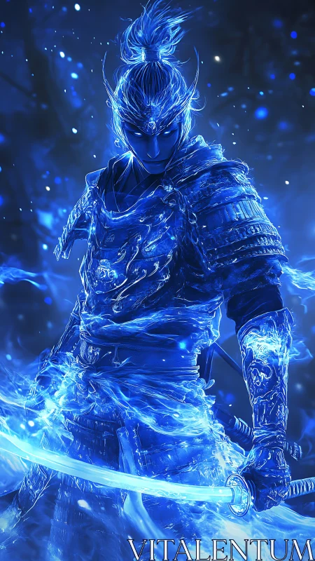 Blue spectral samurai warrior in glowing ethereal armor.