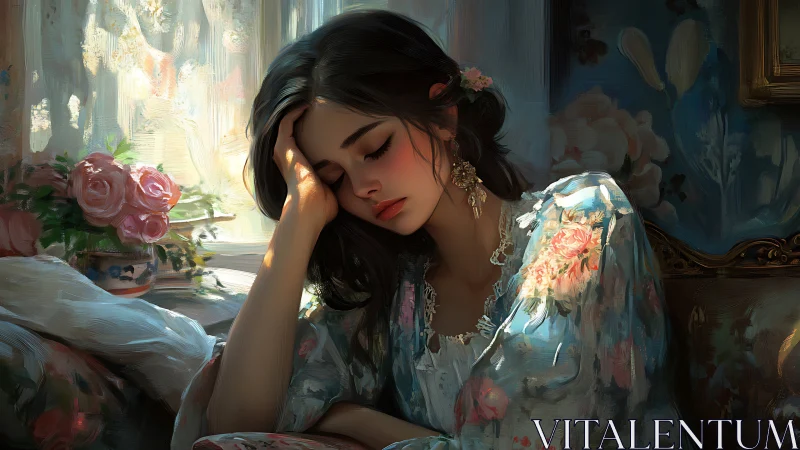 Young woman resting indoors in floral patterned robe.