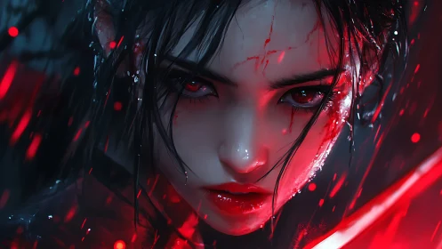 Fierce warrior girl glowing in red light and quiet rain.