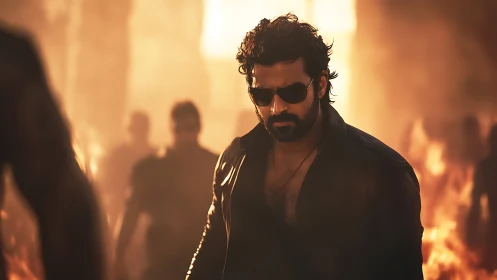 Cinematic hero portrait in blazing backlit inferno ambiance.