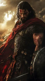 Battle-scarred warrior in chainmail with crimson cloak.