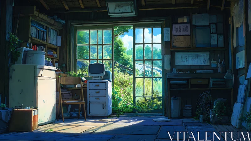 Sunlit rural studio interior frames lush summer garden