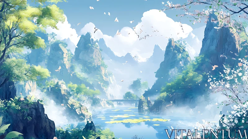 Gentle misty mountains welcome a tranquil riverside daydream