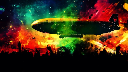 Digital painting zeppelin over neon crowd silhouette tableau.