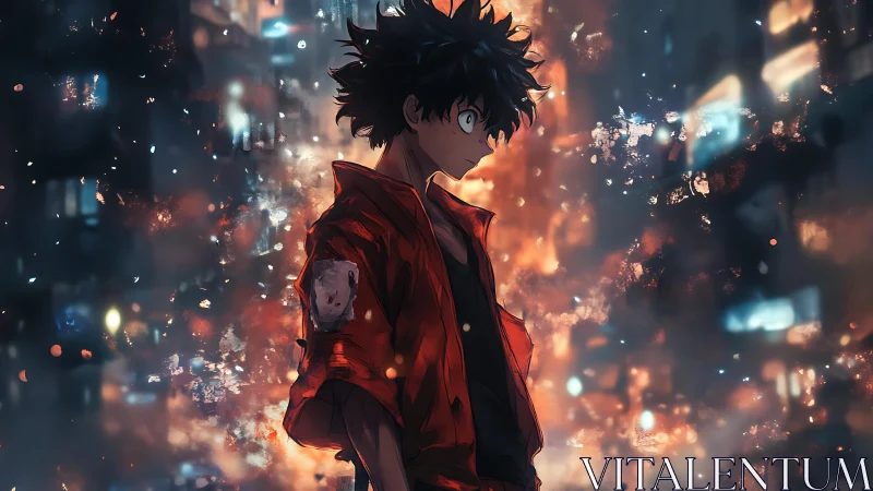 Anime street vigilante in cinematic bokeh firestorm profile.