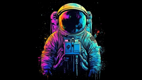 Neon chromatic astronaut portrait in high-contrast digital painting.