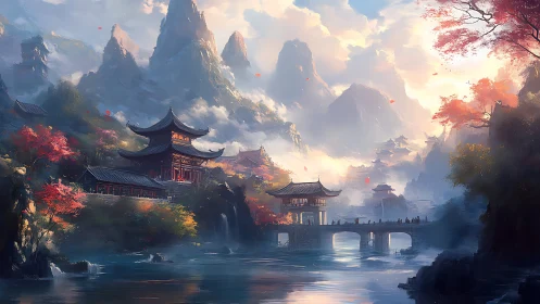 Ancient riverside pagoda complex bathed in atmospheric mountain light