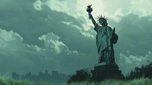 Monochrome atmospheric study of Liberty statue and skyline.