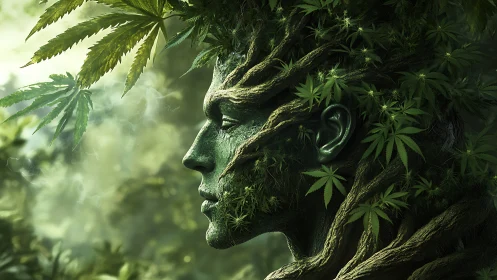 Human profile merges with dense foliage and intertwined roots