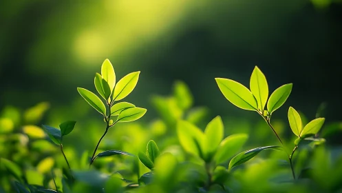 Sunlit Green Leaves in Nature, Soft Focus Botanical Photography.