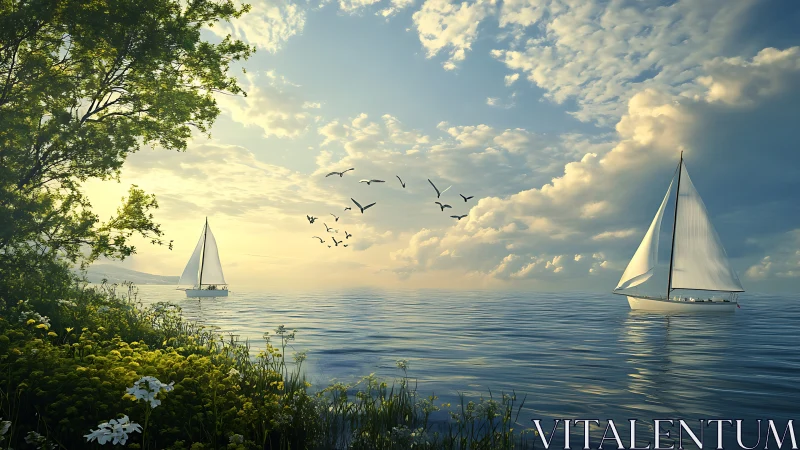 Sailboats glide across tranquil bay under golden sunrise