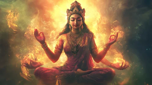 Fiery multi-armed goddess in glowing meditative pose.