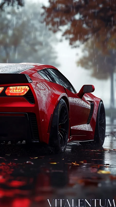 Red sports coupe on wet urban street in autumn rain.