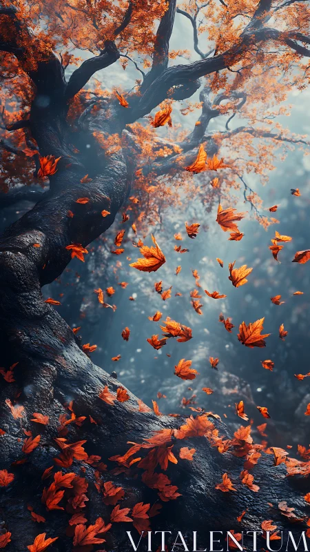 Dynamic low-angle study of gnarled tree trunk and falling leaves