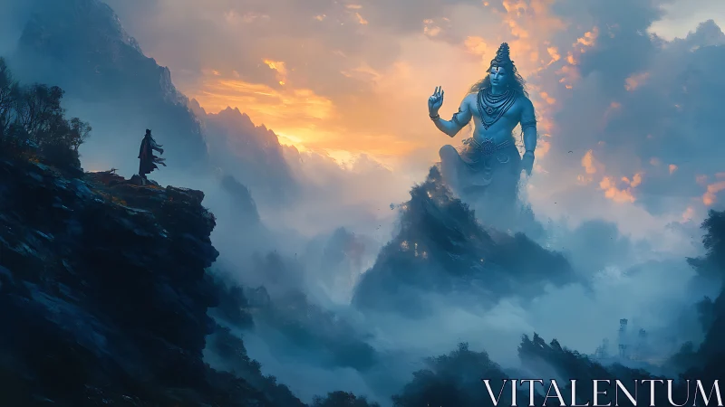 Colossal mountain deity rises through glowing storm clouds.
