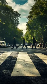 Sky-framed city stroll across a bold zebra crossing.