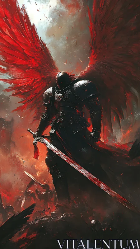 Armored fallen angel with bloodlit sword dominates burning field