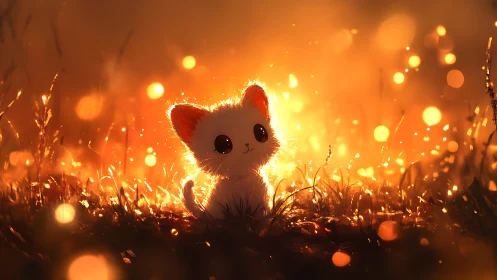 Backlit white kitten in glowing golden bokeh meadow at dusk