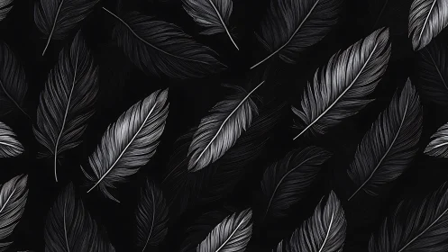 Monochrome feather pattern on black seamless background.