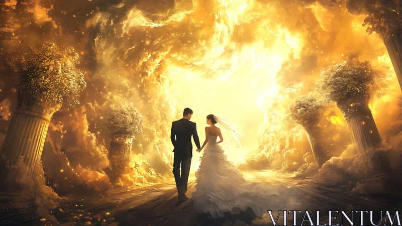 Bride and groom walk toward glowing golden wedding sky