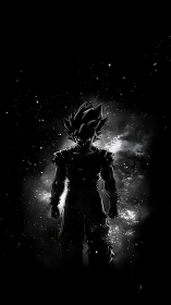 High-contrast anime warrior silhouette in cosmic backlight.