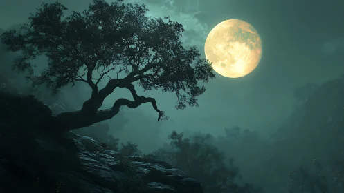 Twisted hillside tree silhouetted against luminous full moon.