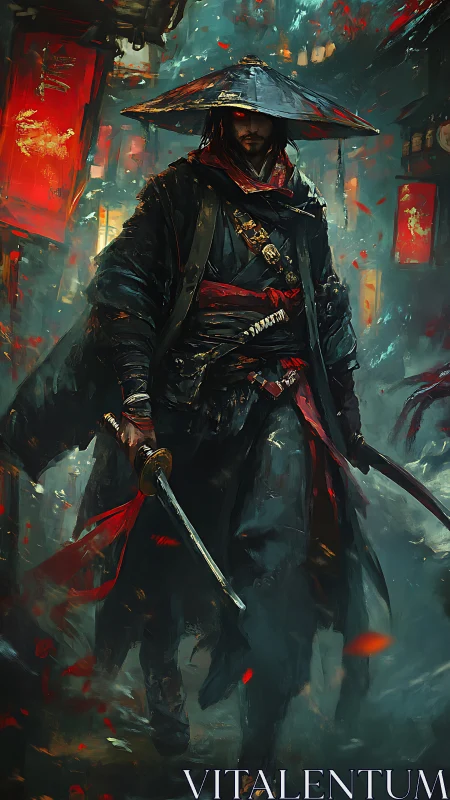 Lone ronin strides through burning neon-lit alleyway at dusk.