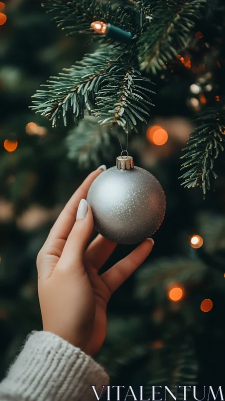 Hand positions silver ornament beneath lit evergreen branch